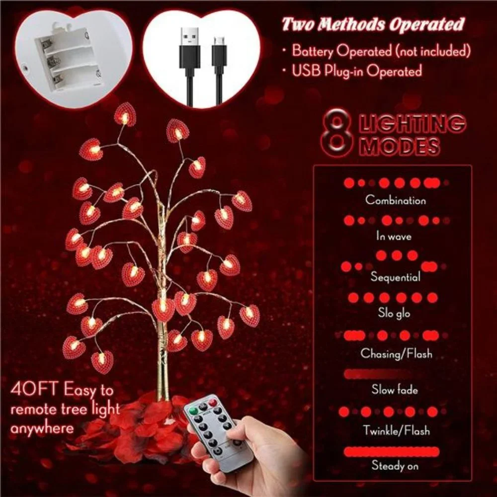 17 Inch Valentines Day Decor Lighted Tree Lights with 28 LED Heart Lights